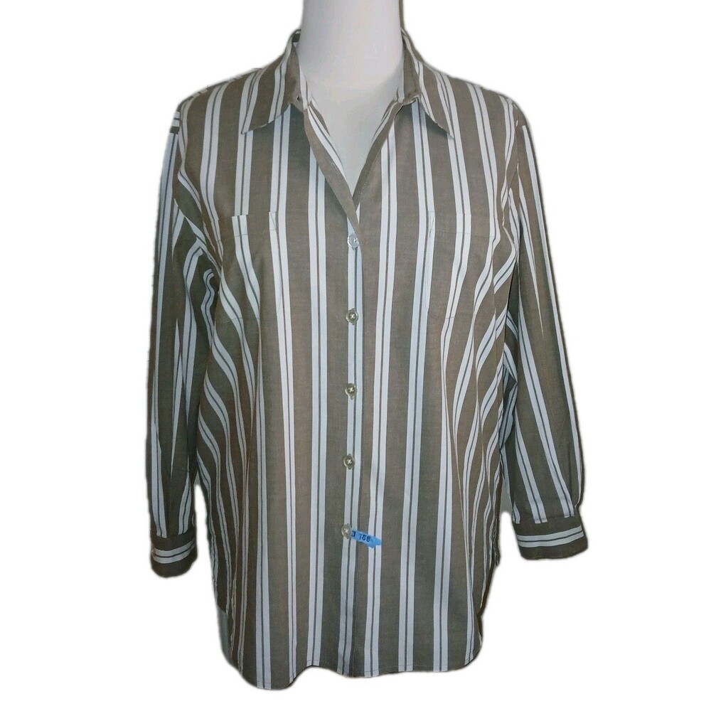 DENIM CO Womens 1X Stripe Stretch Big Shirt Top Long Sleeve Button Green A45405